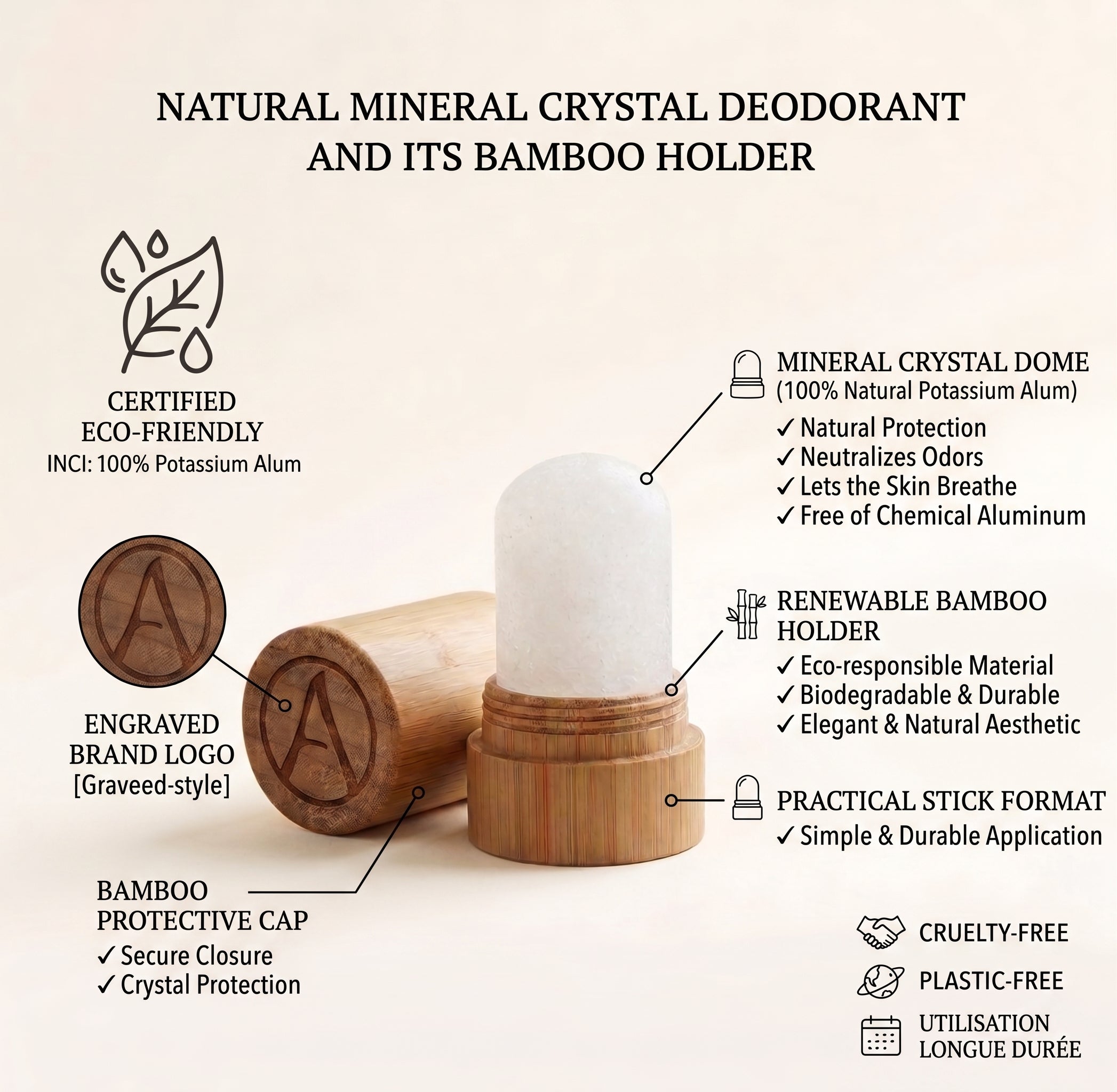 Pierre d'alun naturelle — étui bambou rechargeable